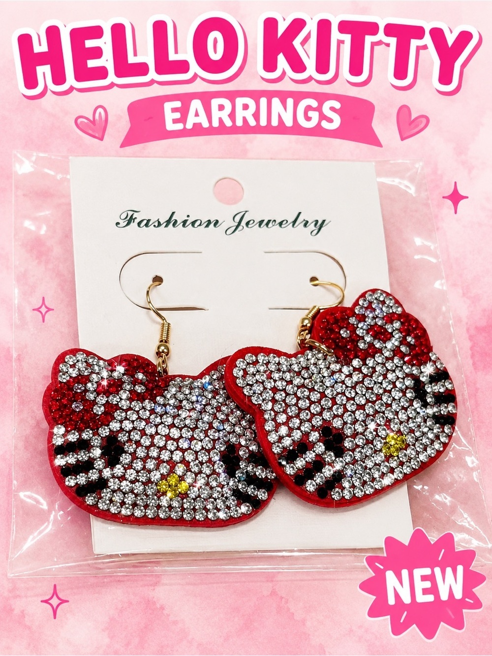 Hello Kitty Red and White Rhinestone Dangle Earrings